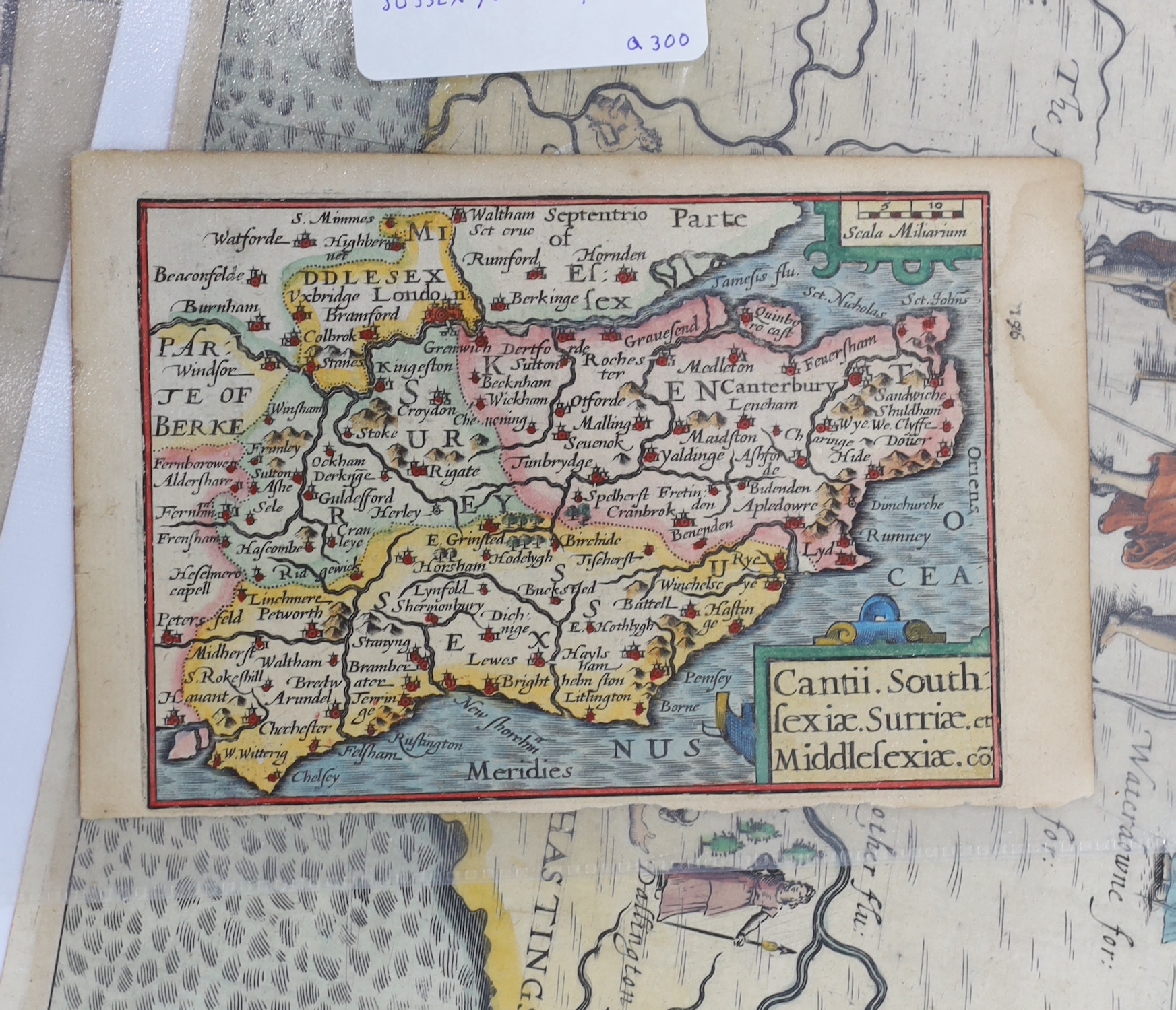Three unframed 17th century maps of Sussex; a Pieter Van Den Keere map, 9 x 14cm, a Michael Drayton map, 26 x 34cm and a Valk & Schenk map, 37 x 54cm